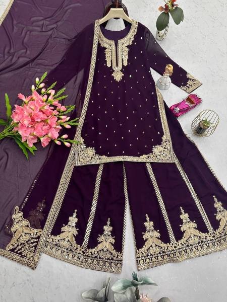 Noorani Wine Faux Georgette Suit Set with Codding & Sequin Work at Manufacturer Rates Ready To Wear Collection