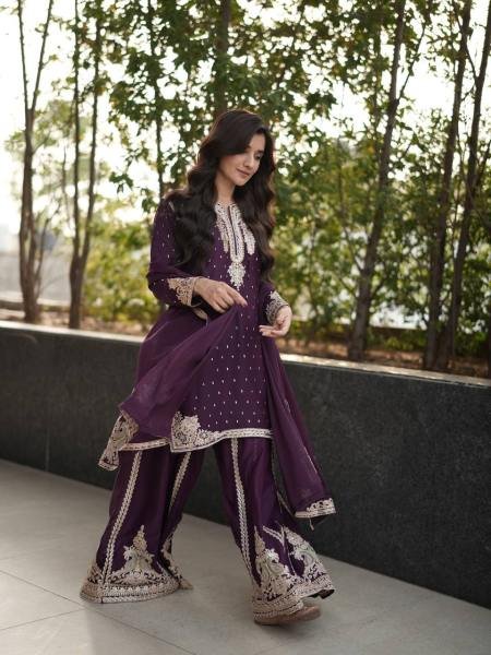 Noorani Wine Faux Georgette Suit Set with Codding & Sequin Work at Manufacturer Rates Ready To Wear Collection