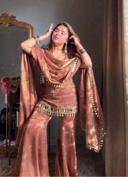 Nude Rose Dusty Pink Fendy Silk Embroidered Mirror Work Top with Sharara Plazzo and Dupatta Ready To Wear Collection