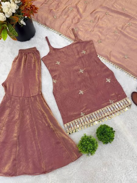 Nude Rose Dusty Pink Fendy Silk Embroidered Mirror Work Top with Sharara Plazzo and Dupatta Ready To Wear Collection