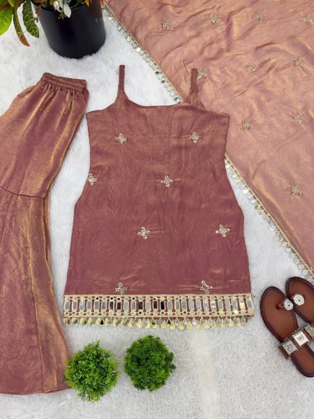 Nude Rose Dusty Pink Fendy Silk Embroidered Mirror Work Top with Sharara Plazzo and Dupatta Ready To Wear Collection