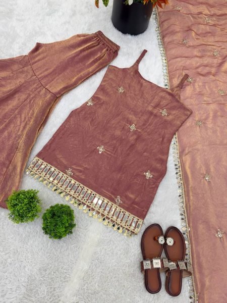 Nude Rose Dusty Pink Fendy Silk Embroidered Mirror Work Top with Sharara Plazzo and Dupatta Ready To Wear Collection