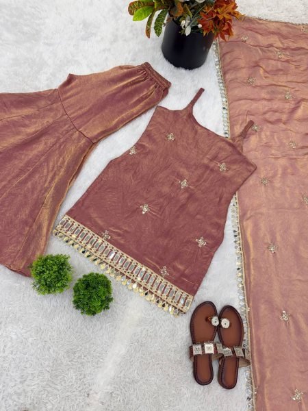 Nude Rose Dusty Pink Fendy Silk Embroidered Mirror Work Top with Sharara Plazzo and Dupatta Ready To Wear Collection