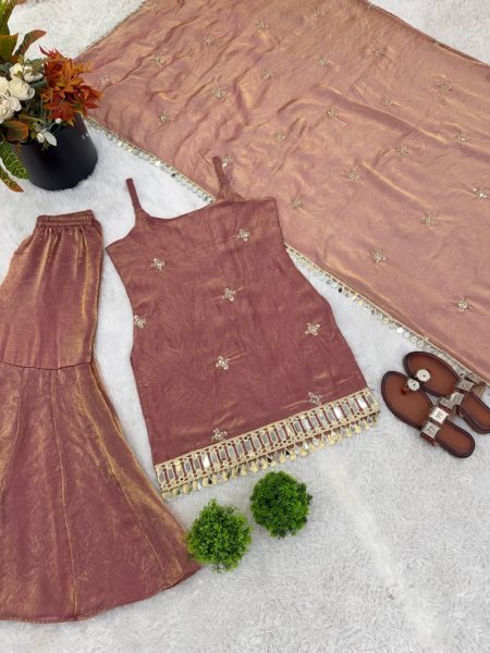 Nude Rose Dusty Pink Fendy Silk Embroidered Mirror Work Top with Sharara Plazzo and Dupatta Ready To Wear Collection