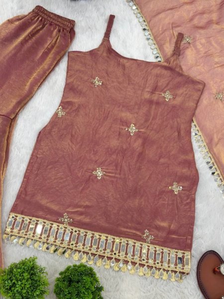 Nude Rose Dusty Pink Fendy Silk Embroidered Mirror Work Top with Sharara Plazzo and Dupatta Ready To Wear Collection