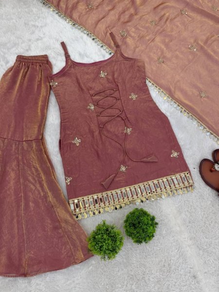 Nude Rose Dusty Pink Fendy Silk Embroidered Mirror Work Top with Sharara Plazzo and Dupatta Ready To Wear Collection