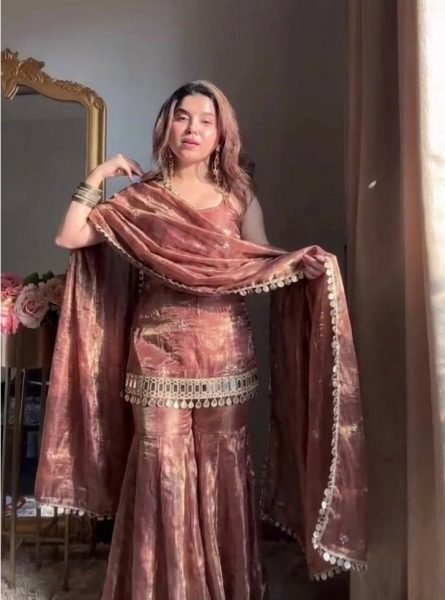 Nude Rose Dusty Pink Fendy Silk Embroidered Mirror Work Top with Sharara Plazzo and Dupatta Ready To Wear Collection