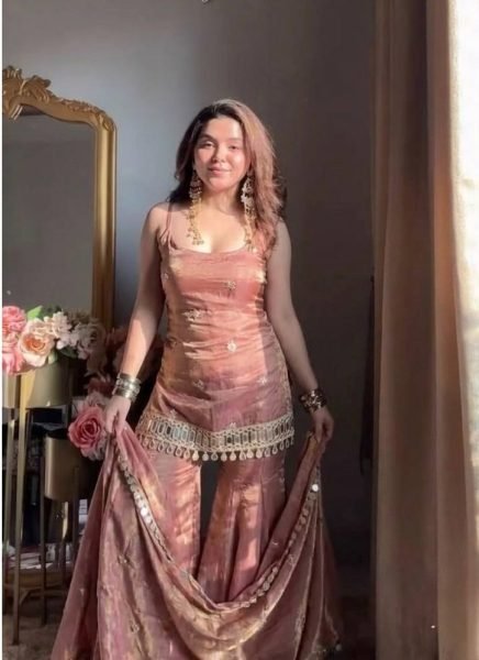 Nude Rose Dusty Pink Fendy Silk Embroidered Mirror Work Top with Sharara Plazzo and Dupatta Ready To Wear Collection