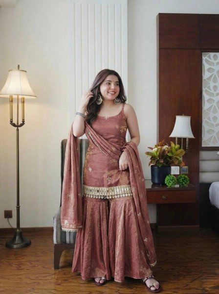 Nude Rose Dusty Pink Fendy Silk Embroidered Mirror Work Top with Sharara Plazzo and Dupatta Ready To Wear Collection