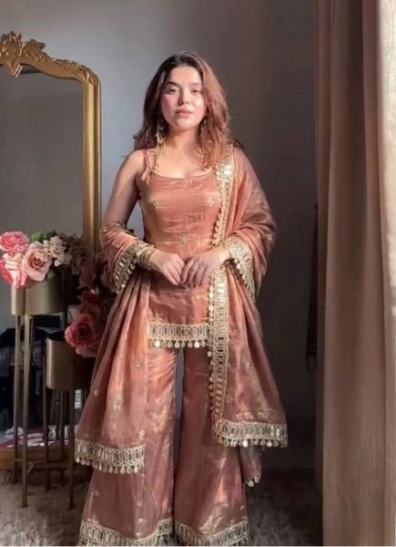 Nude Rose Dusty Pink Fendy Silk Embroidered Mirror Work Top with Sharara Plazzo and Dupatta Ready To Wear Collection