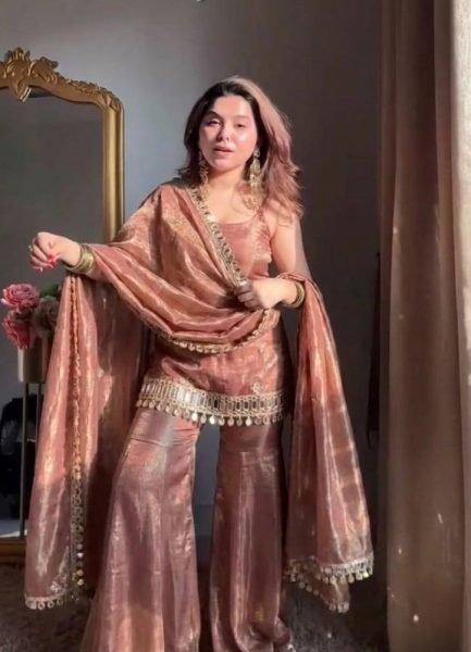 Nude Rose Dusty Pink Fendy Silk Embroidered Mirror Work Top with Sharara Plazzo and Dupatta Ready To Wear Collection