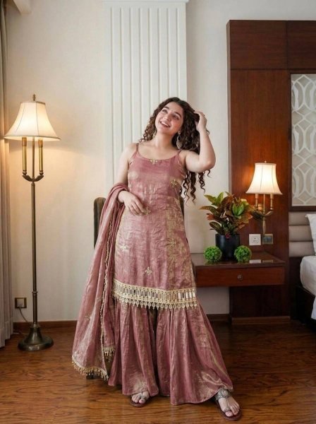Nude Rose Dusty Pink Fendy Silk Embroidered Mirror Work Top with Sharara Plazzo and Dupatta Ready To Wear Collection