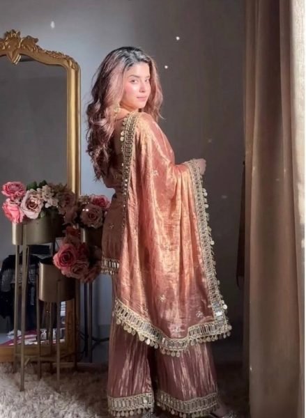 Nude Rose Dusty Pink Fendy Silk Embroidered Mirror Work Top with Sharara Plazzo and Dupatta Ready To Wear Collection