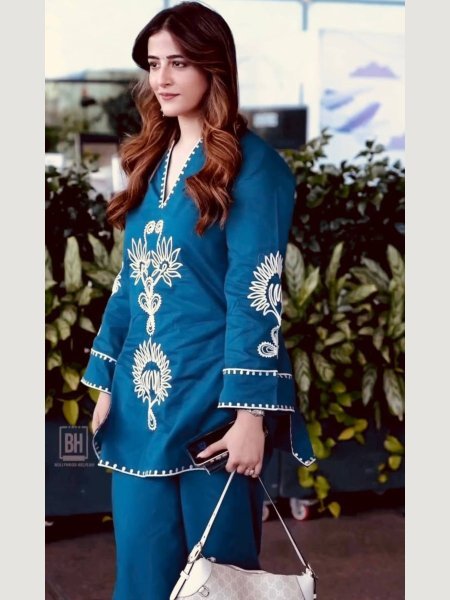 Nupur Sanon Wearing Teal Blue Cotton Embroidered Kurta with Notch Neckline Kurtis