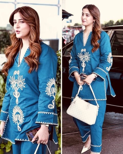 Nupur Sanon Wearing Teal Blue Cotton Embroidered Kurta with Notch Neckline CO ORD Sets