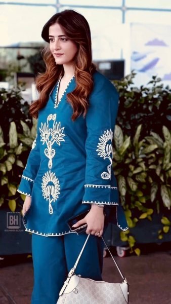 Nupur Sanon Wearing Teal Blue Cotton Embroidered Kurta with Notch Neckline CO ORD Sets