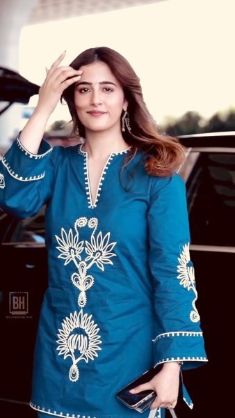 Nupur Sanon Wearing Teal Blue Cotton Embroidered Kurta with Notch Neckline CO ORD Sets