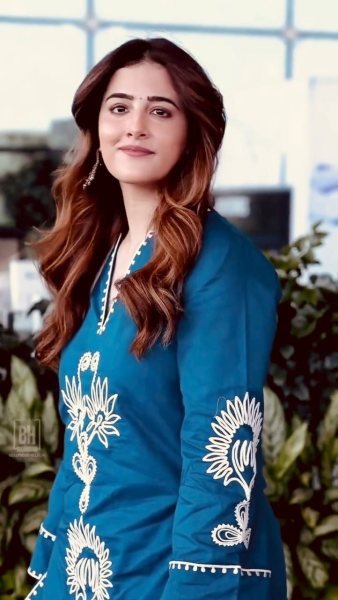 Nupur Sanon Wearing Teal Blue Cotton Embroidered Kurta with Notch Neckline CO ORD Sets
