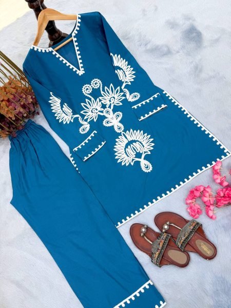 Nupur Sanon Wearing Teal Blue Cotton Embroidered Kurta with Notch Neckline CO ORD Sets