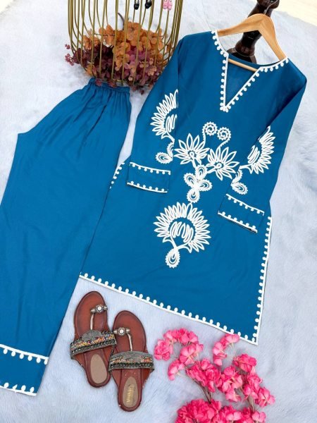 Nupur Sanon Wearing Teal Blue Cotton Embroidered Kurta with Notch Neckline CO ORD Sets