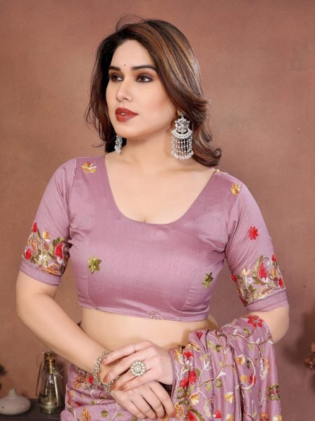 Nyvoria Pink Soft Crush Silk Saree with Rich Work for Family Functions Embroidery Sarees Wholesale