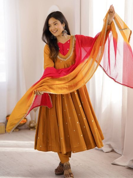 Occasion Wear Embroidered Sequence With Real Mirror Designer Anarkali Three Piece Set Ready To Wear Suit