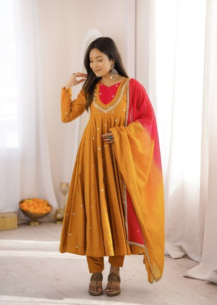 Occasion Wear Embroidered Sequence With Real Mirror Designer Anarkali Three Piece Set Ready To Wear Collection