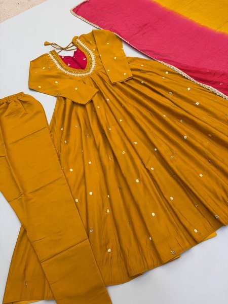 Occasion Wear Embroidered Sequence With Real Mirror Designer Anarkali Three Piece Set Ready To Wear Collection