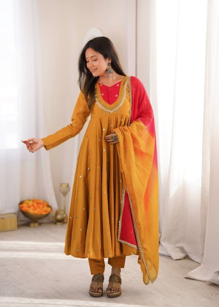 Occasion Wear Embroidered Sequence With Real Mirror Designer Anarkali Three Piece Set Ready To Wear Collection