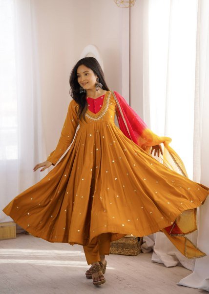 Occasion Wear Embroidered Sequence With Real Mirror Designer Anarkali Three Piece Set Ready To Wear Collection