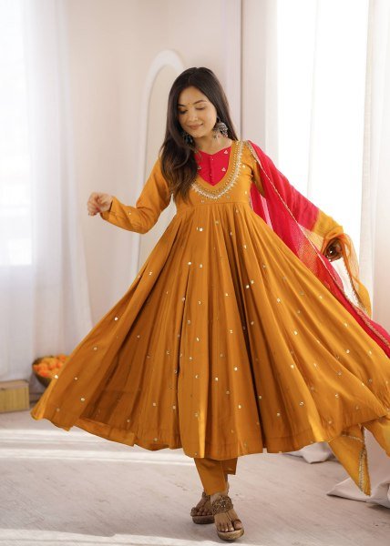 Occasion Wear Embroidered Sequence With Real Mirror Designer Anarkali Three Piece Set Ready To Wear Collection