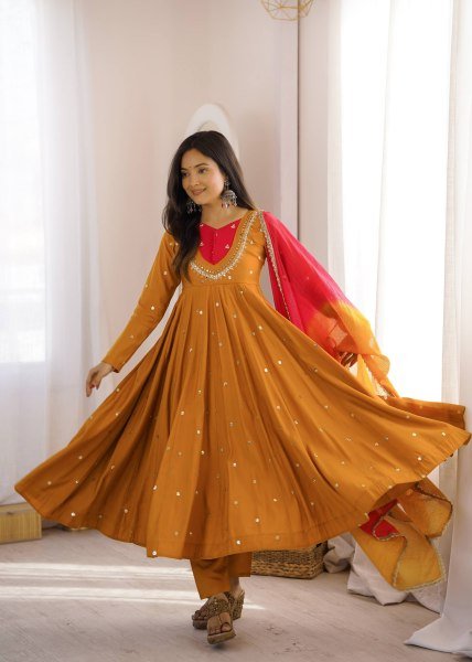 Occasion Wear Embroidered Sequence With Real Mirror Designer Anarkali Three Piece Set Ready To Wear Collection