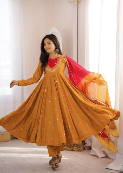 Occasion Wear Embroidered Sequence With Real Mirror Designer Anarkali Three Piece Set Ready To Wear Collection