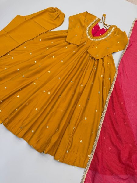 Occasion Wear Embroidered Sequence With Real Mirror Designer Anarkali Three Piece Set Ready To Wear Collection