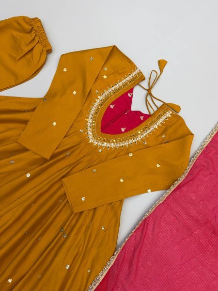 Occasion Wear Embroidered Sequence With Real Mirror Designer Anarkali Three Piece Set Ready To Wear Collection