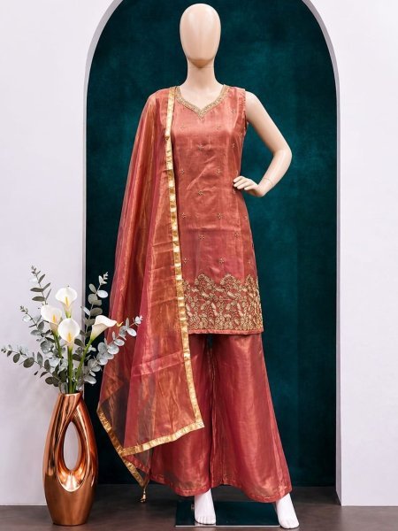 Occasion Wear Rust Orange Fandy Satin Silk Embroidered Top Pant Set with Lace Dupatta 