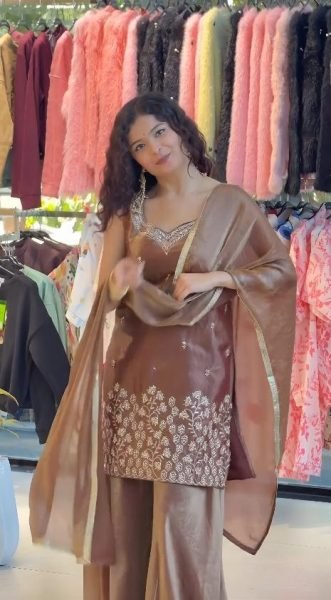 Occasion Wear Rust Orange Fandy Satin Silk Embroidered Top Pant Set with Lace Dupatta Ready To Wear Collection