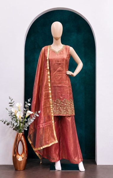 Occasion Wear Rust Orange Fandy Satin Silk Embroidered Top Pant Set with Lace Dupatta Ready To Wear Collection