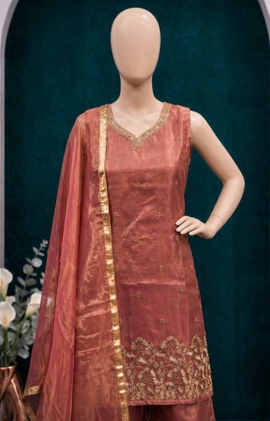 Occasion Wear Rust Orange Fandy Satin Silk Embroidered Top Pant Set with Lace Dupatta Ready To Wear Collection