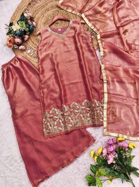 Occasion Wear Rust Orange Fandy Satin Silk Embroidered Top Pant Set with Lace Dupatta Ready To Wear Collection