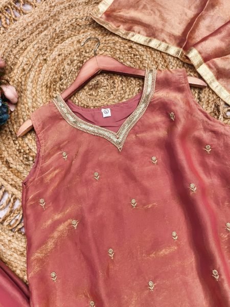 Occasion Wear Rust Orange Fandy Satin Silk Embroidered Top Pant Set with Lace Dupatta Ready To Wear Collection