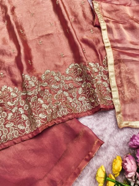 Occasion Wear Rust Orange Fandy Satin Silk Embroidered Top Pant Set with Lace Dupatta Ready To Wear Collection