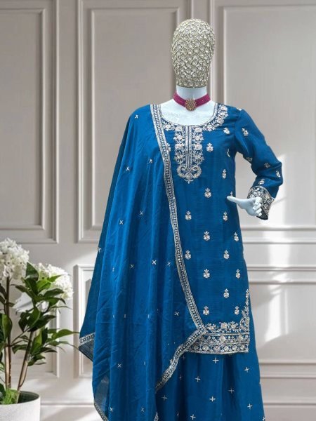 Ocean Teal Chinon Kurti with Heavy Sequins and Dupatta For Evening Parties at Reseller Price Ready To Wear Suit