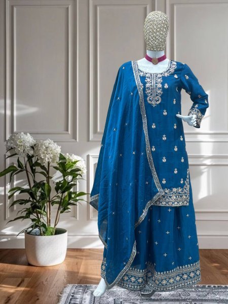 Ocean Teal Chinon Kurti with Heavy Sequins and Dupatta For Evening Parties at Reseller Price Ready To Wear Collection