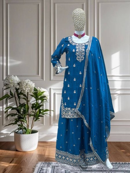 Ocean Teal Chinon Kurti with Heavy Sequins and Dupatta For Evening Parties at Reseller Price Ready To Wear Collection