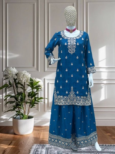 Ocean Teal Chinon Kurti with Heavy Sequins and Dupatta For Evening Parties at Reseller Price Ready To Wear Collection