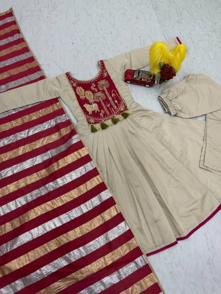 Off White A Line Kurti Set with Contrast Red Striped Tussar Silk Dupatta  Anarkali Kurtis 