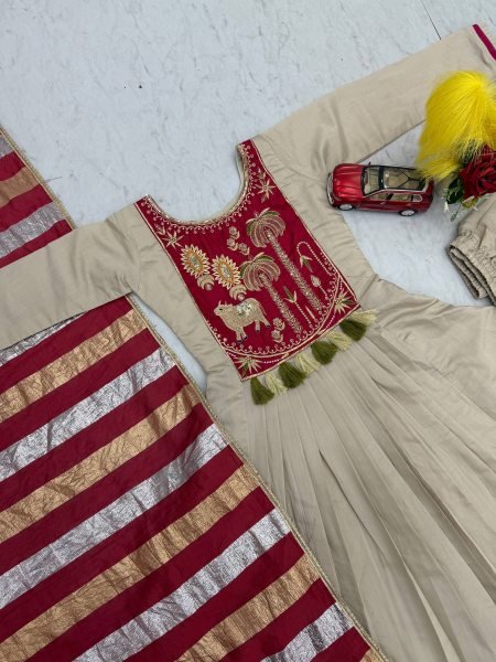 Off White A Line Kurti Set with Contrast Red Striped Tussar Silk Dupatta  Anarkali Kurtis 