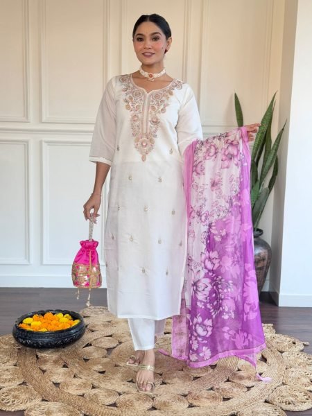 Off White Attractive Party Wear Indian Suit Set For Women Online 3 Piece Kurti Set