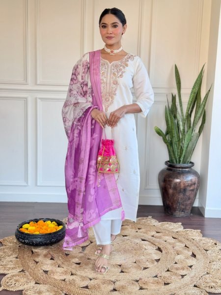 Off White Attractive Party Wear Indian Suit Set For Women Online 3 Piece Kurti Set